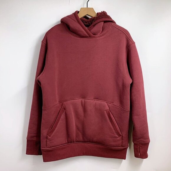 Athleta‎ Reversible Sherpa 511866 Maple Red Hooded Sweatshirt Size S - Picture 1 of 12